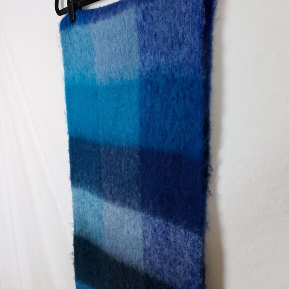 Blue Blanket Scarf Rectangle Fringe Check Plaid Soft Cozy - Picture 6 of 6